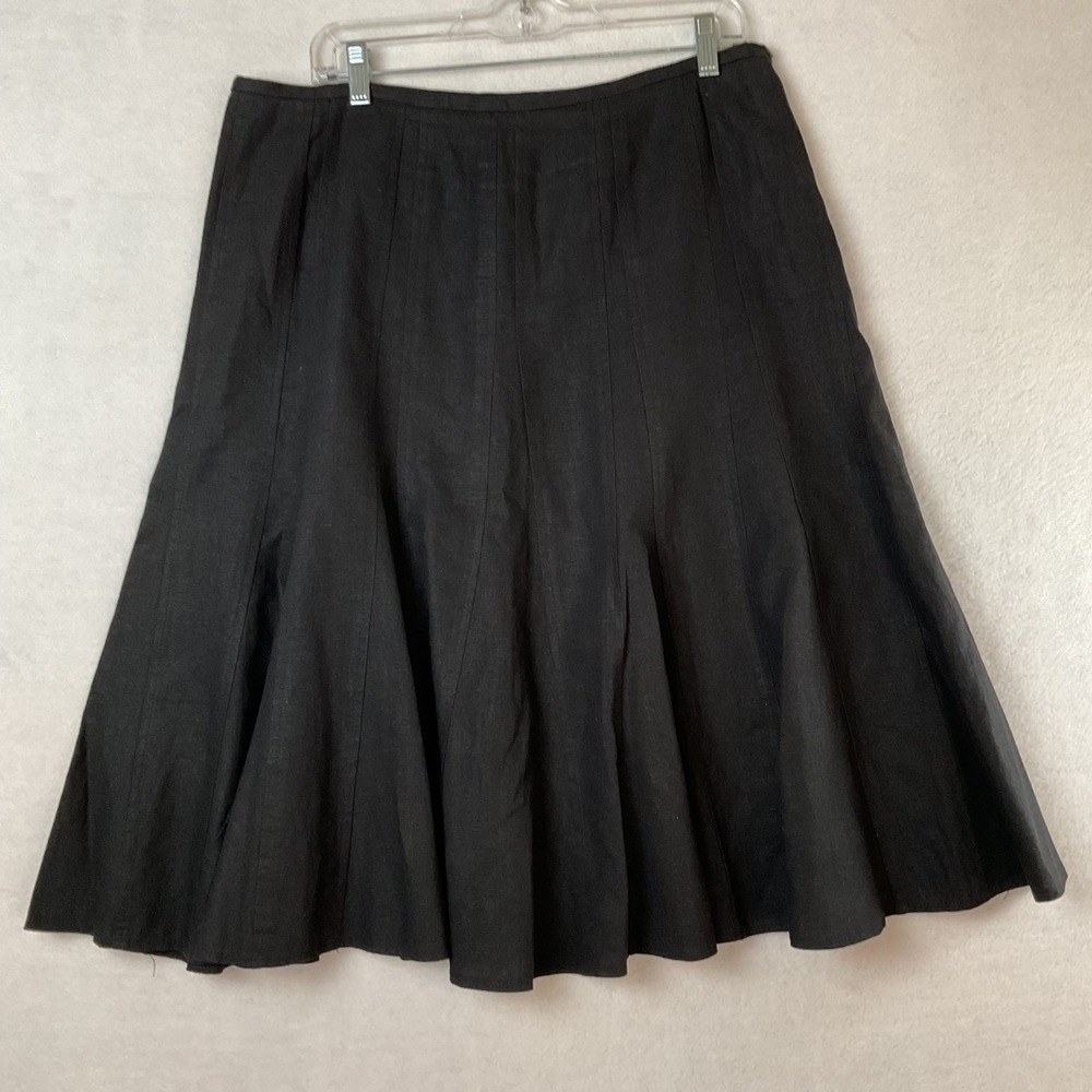 Larry Levine Black Linen Blend Paneled A-Line Midi Skirt Side Zip Womens Size 14